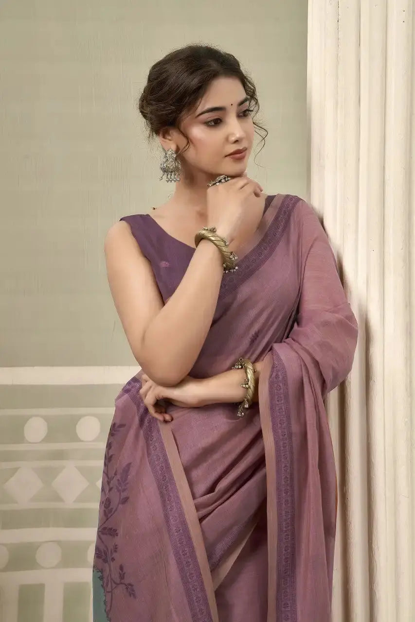 Purple Jacquard Weaving Cotton Saree back view – woven pallu draped over shoulder | KS325 Kalyanja