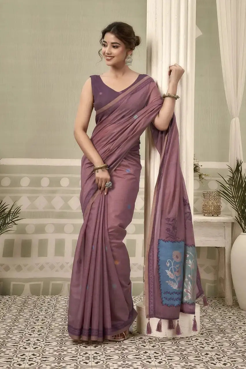 Purple Jacquard Weaving Cotton Saree contrast border close-up – clean contrast edge, heavy cotton | KS325 Kalyanja