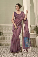 Purple Jacquard Weaving Cotton Saree contrast border close-up – clean contrast edge, heavy cotton | KS325 Kalyanja