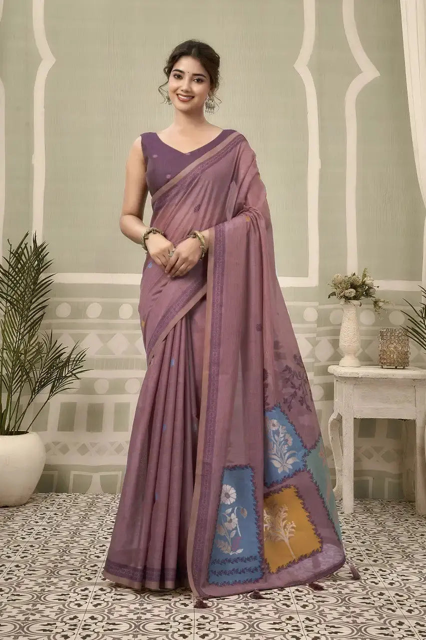Purple Jacquard Weaving Cotton Saree front drape – contrast border, woven pallu, heavy cotton | KS325 Kalyanja