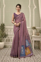 Purple Jacquard Weaving Cotton Saree front drape – contrast border, woven pallu, heavy cotton | KS325 Kalyanja