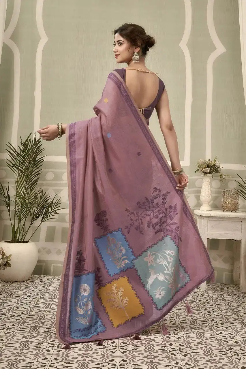 Purple Jacquard Weaving Cotton Saree side drape view – jacquard weaving detail, heavy cotton | KS325 Kalyanja