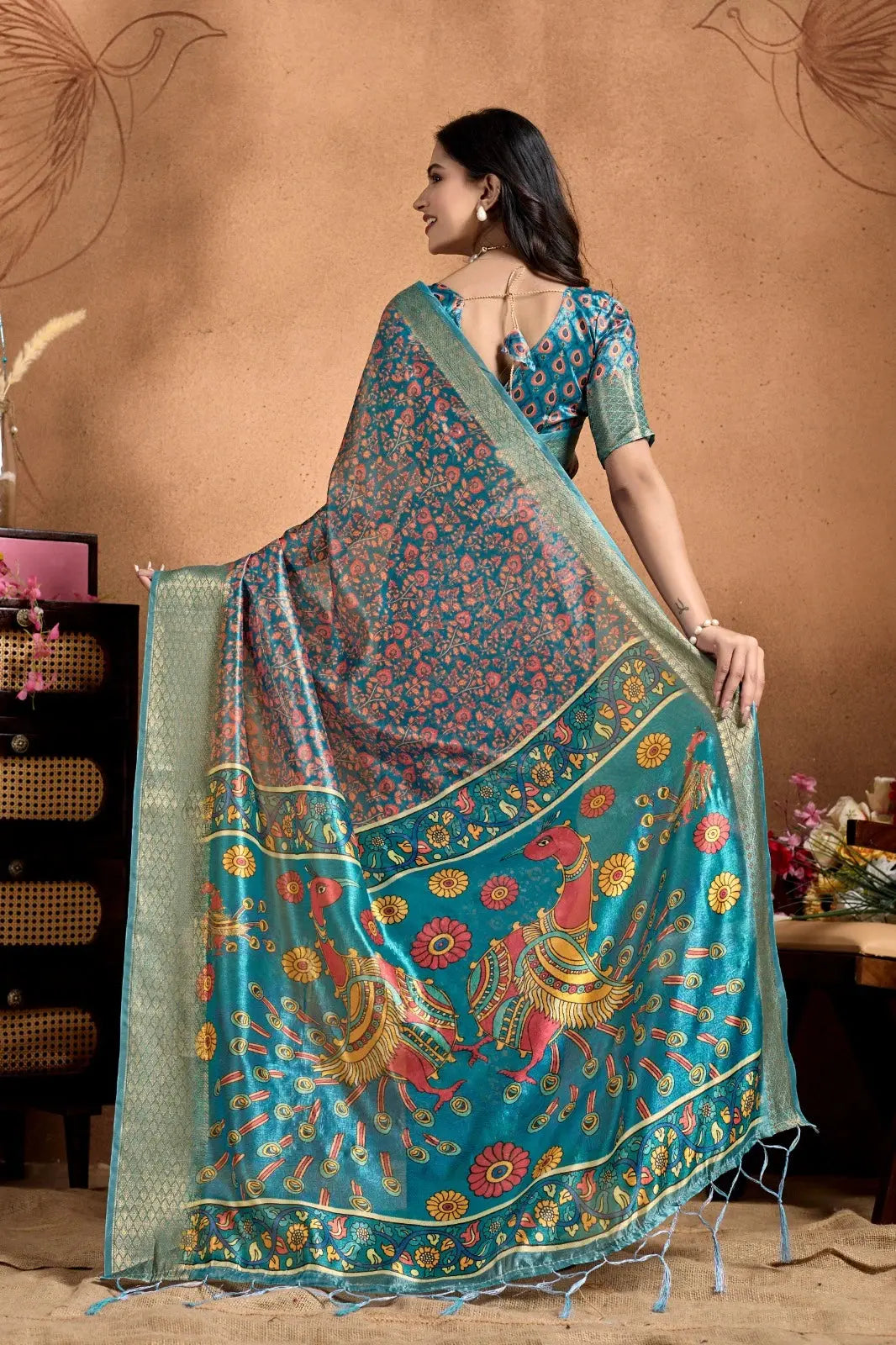 Rama Blue Silk Blend Saree – back view showing pallu spread with Kalamkari horse and sunflower folk-art motifs
