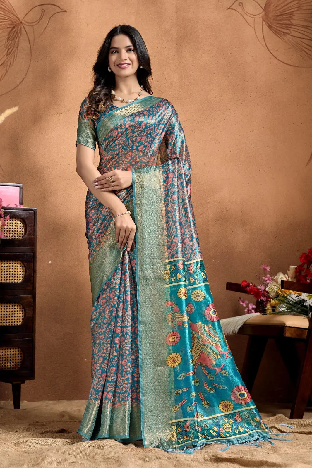 Rama Blue Kalamkari Print Silk Blend Saree – front full drape with zari border and all-over floral vine print