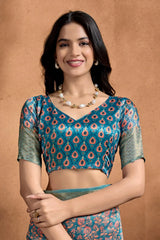 Running blouse close-up – Rama blue ikat peacock-eye print V-neck half sleeve blouse, KS327