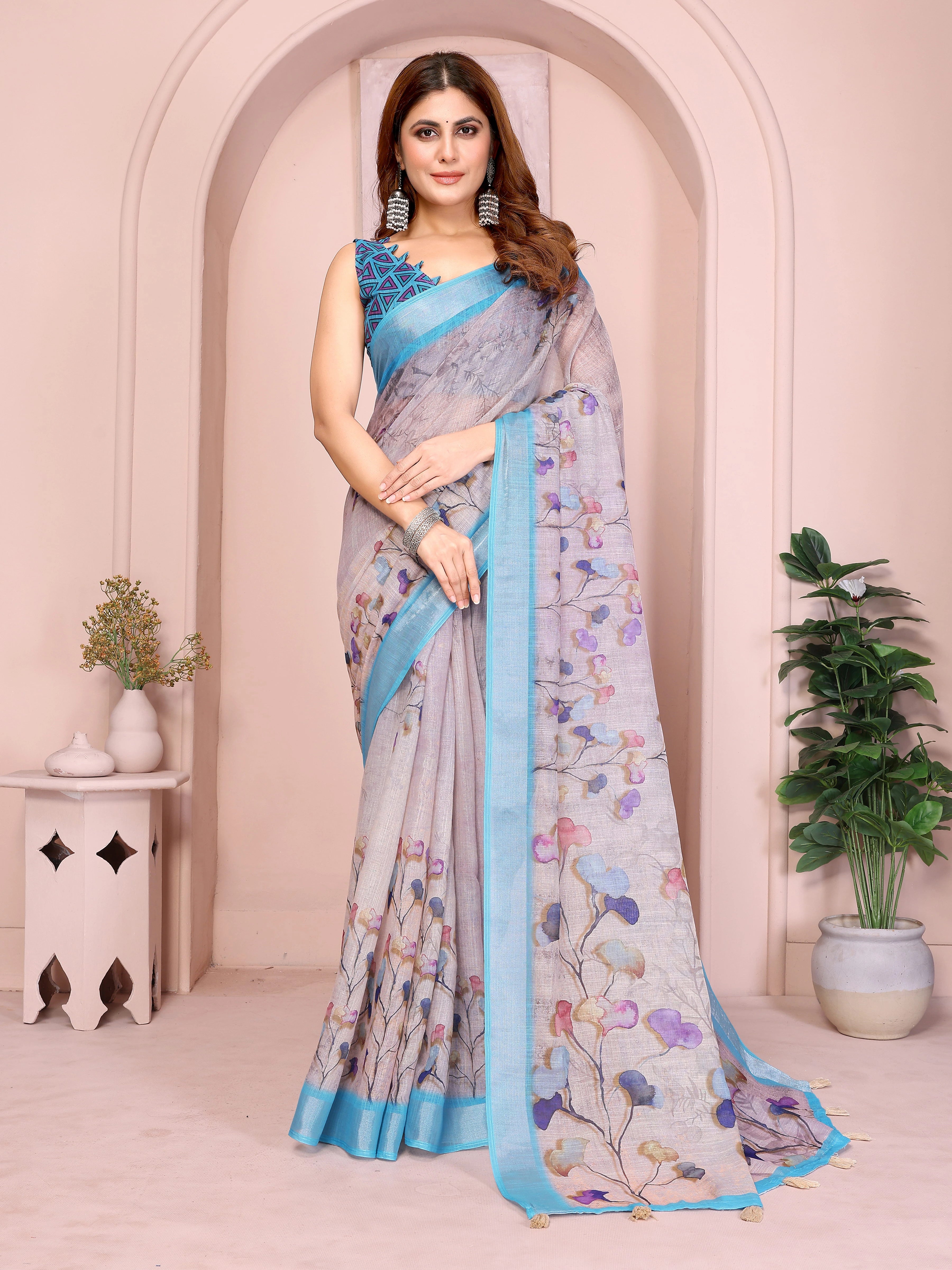 Lavender Digital Floral Print Linen Cotton Saree – front full drape with contrast turquoise border and watercolour botanical print