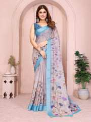 Lavender Digital Floral Print Linen Cotton Saree – front full drape with contrast turquoise border and watercolour botanical print