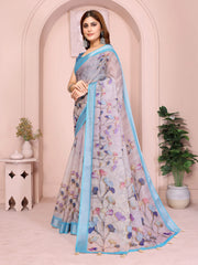 Lavender Digital Floral Print Saree – side drape view showing botanical petal print and turquoise contrast border