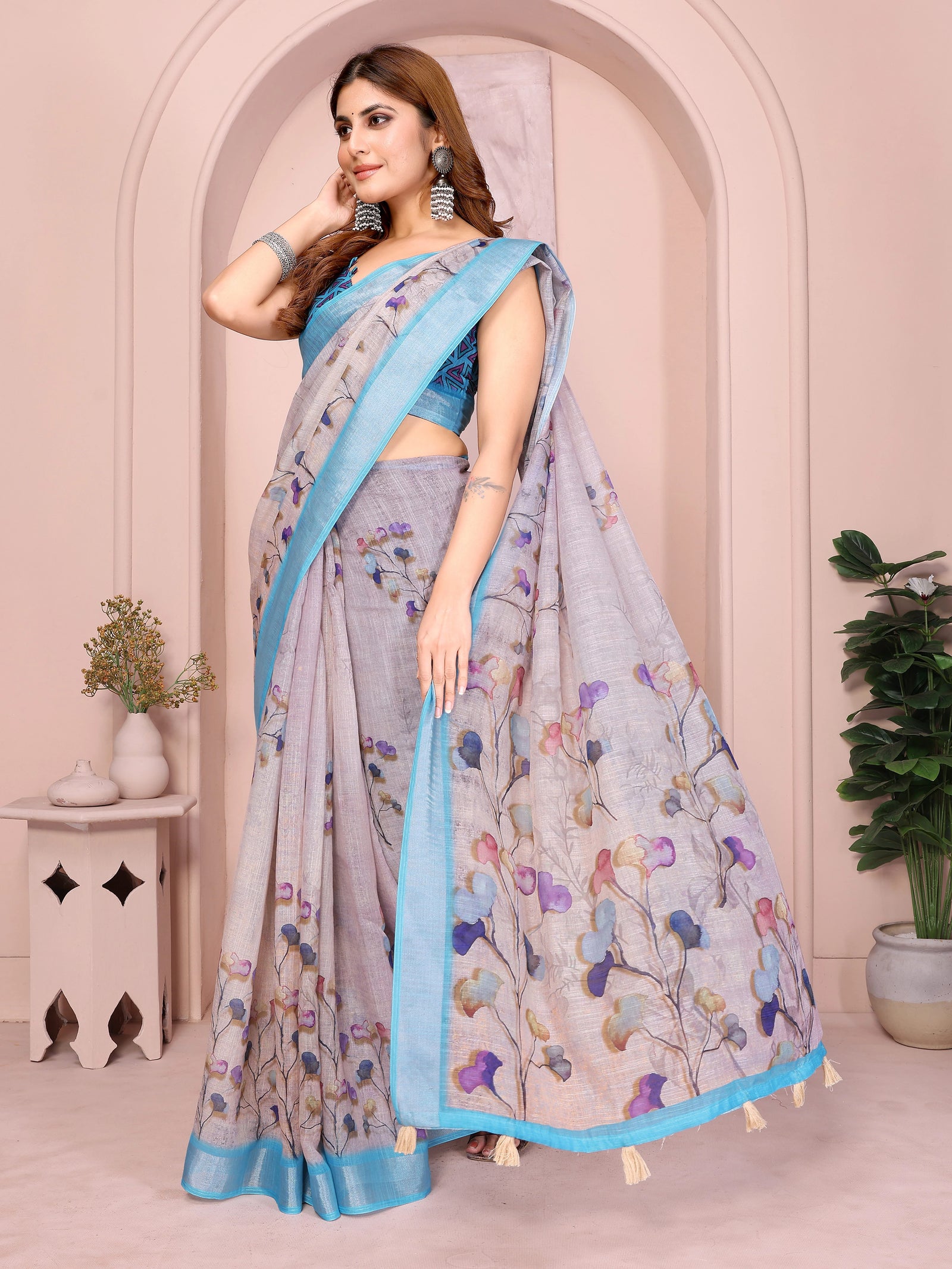 Lavender Linen Cotton Saree – side view showing watercolour botanical print body and contrast border with cream tassels