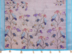 Lavender Linen Cotton Saree fabric detail – watercolour botanical petal clusters in purple, blue and pink with turquoise border and cream tassels