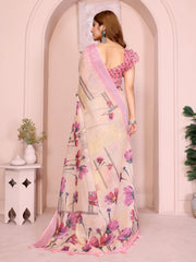 Peach Linen Cotton Saree – back view showing ruffle flutter sleeve blouse back and pallu drape