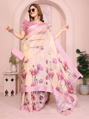 Peach Linen Cotton Saree – front drape styled with sunglasses and clutch, cosmos floral print and pink border