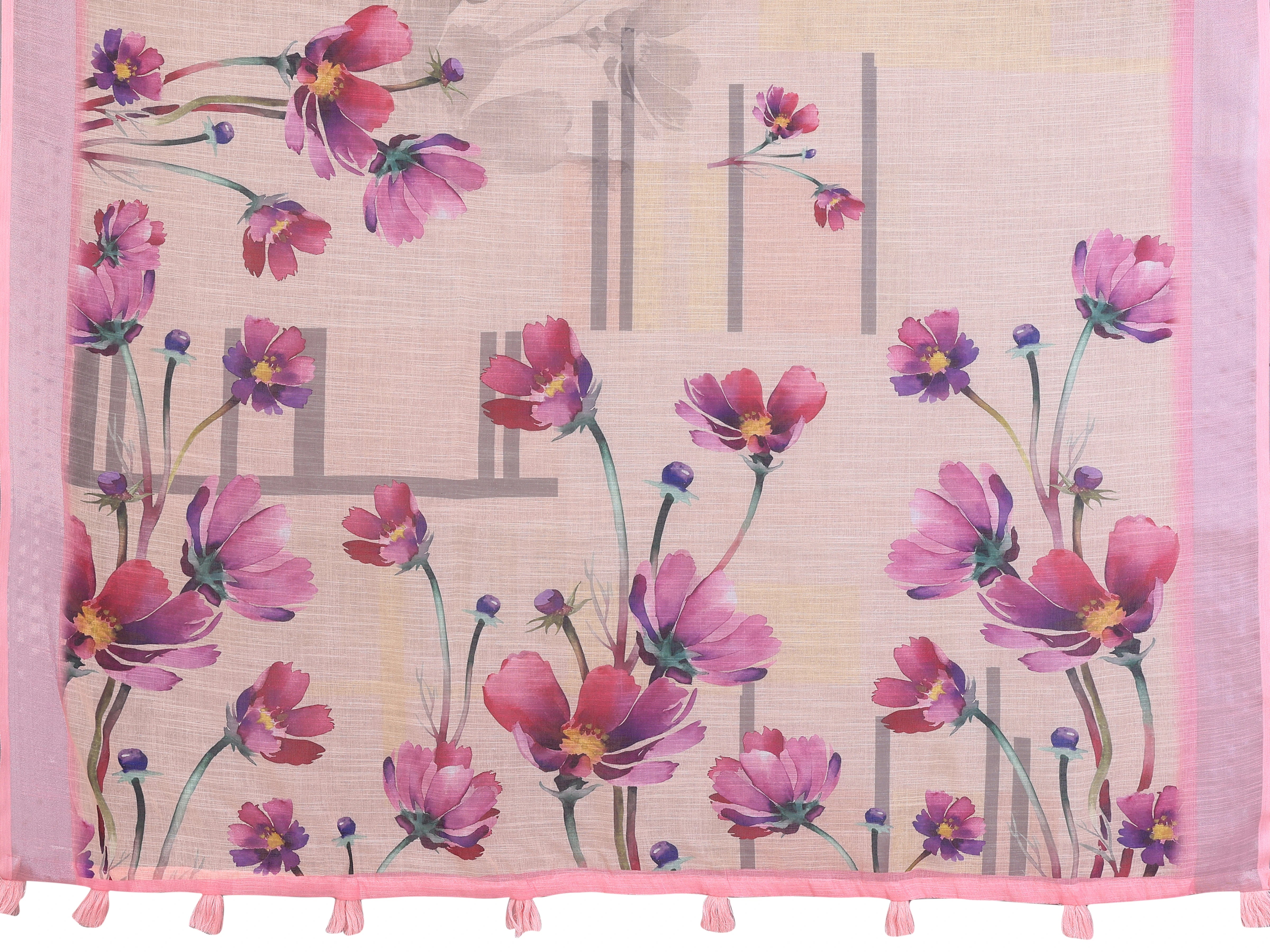 Peach Linen Cotton Saree fabric detail – large cosmos blooms in pink, fuchsia and purple with contrast pink border and tassels