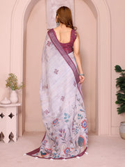 Lavender Linen Cotton Saree – back view showing open-back ruffle sleeve blouse and pallu drape