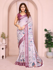 Lavender Digital Floral Print Linen Cotton Saree – front full drape with Kalamkari botanical print and wine contrast border