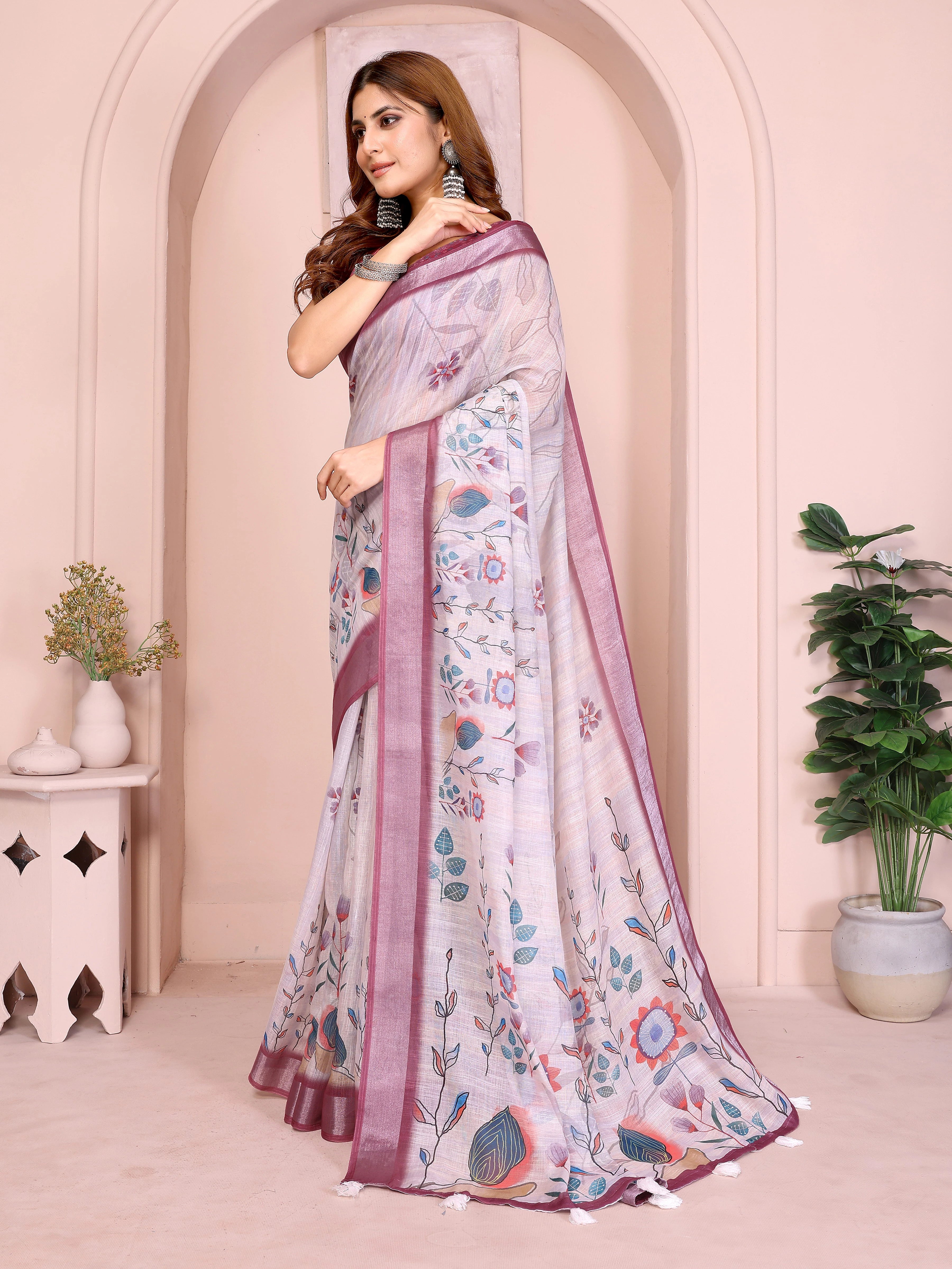 Lavender Digital Floral Print Saree – side view showing Kalamkari botanical motifs and contrast wine border