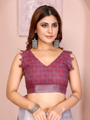Running blouse close-up – wine ruffle flutter sleeve V-neck blouse with ikat buti print, KS332