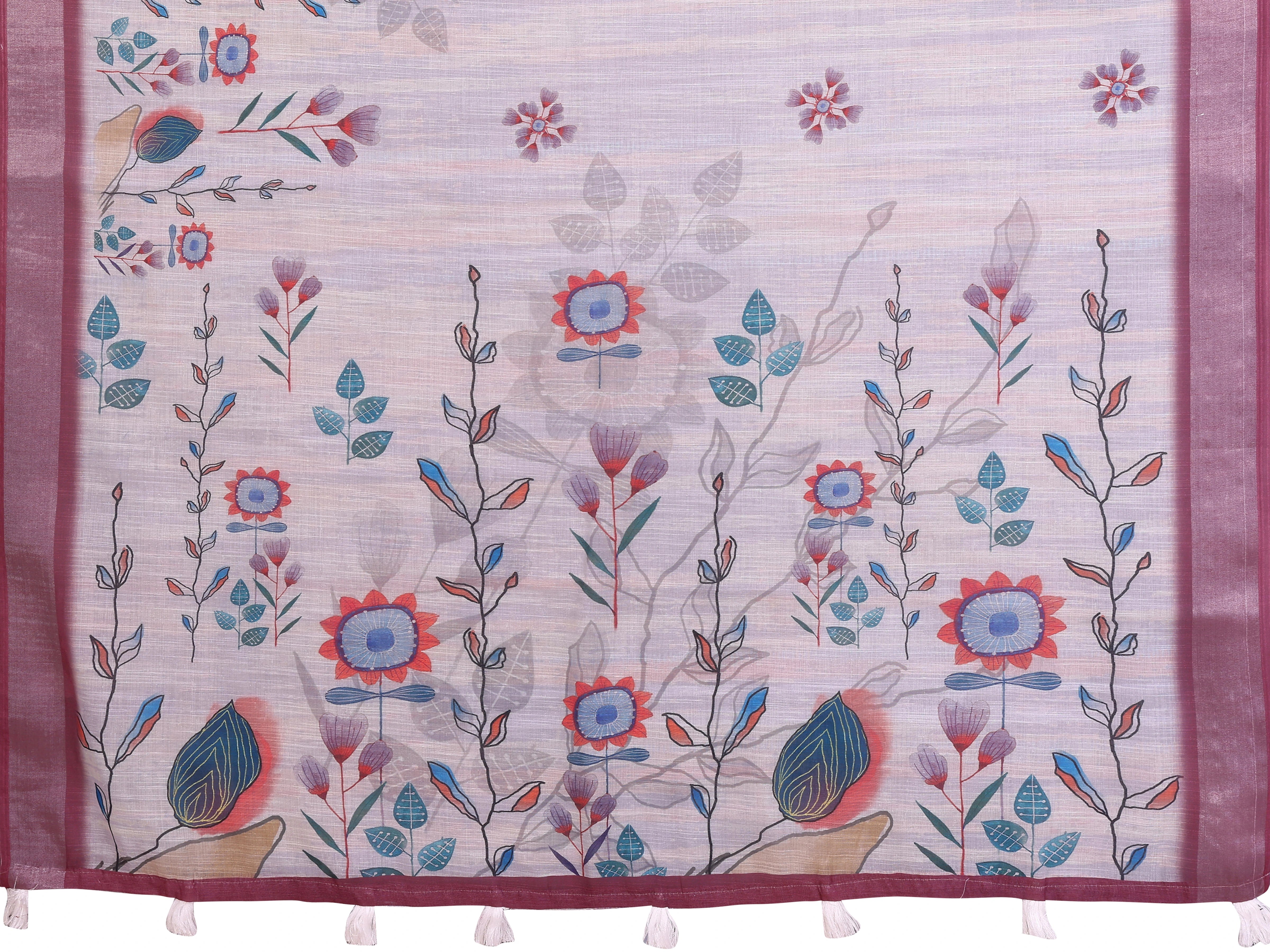 Lavender Linen Cotton Saree fabric detail – Kalamkari sunflower and botanical motifs with wine contrast border and white tassels