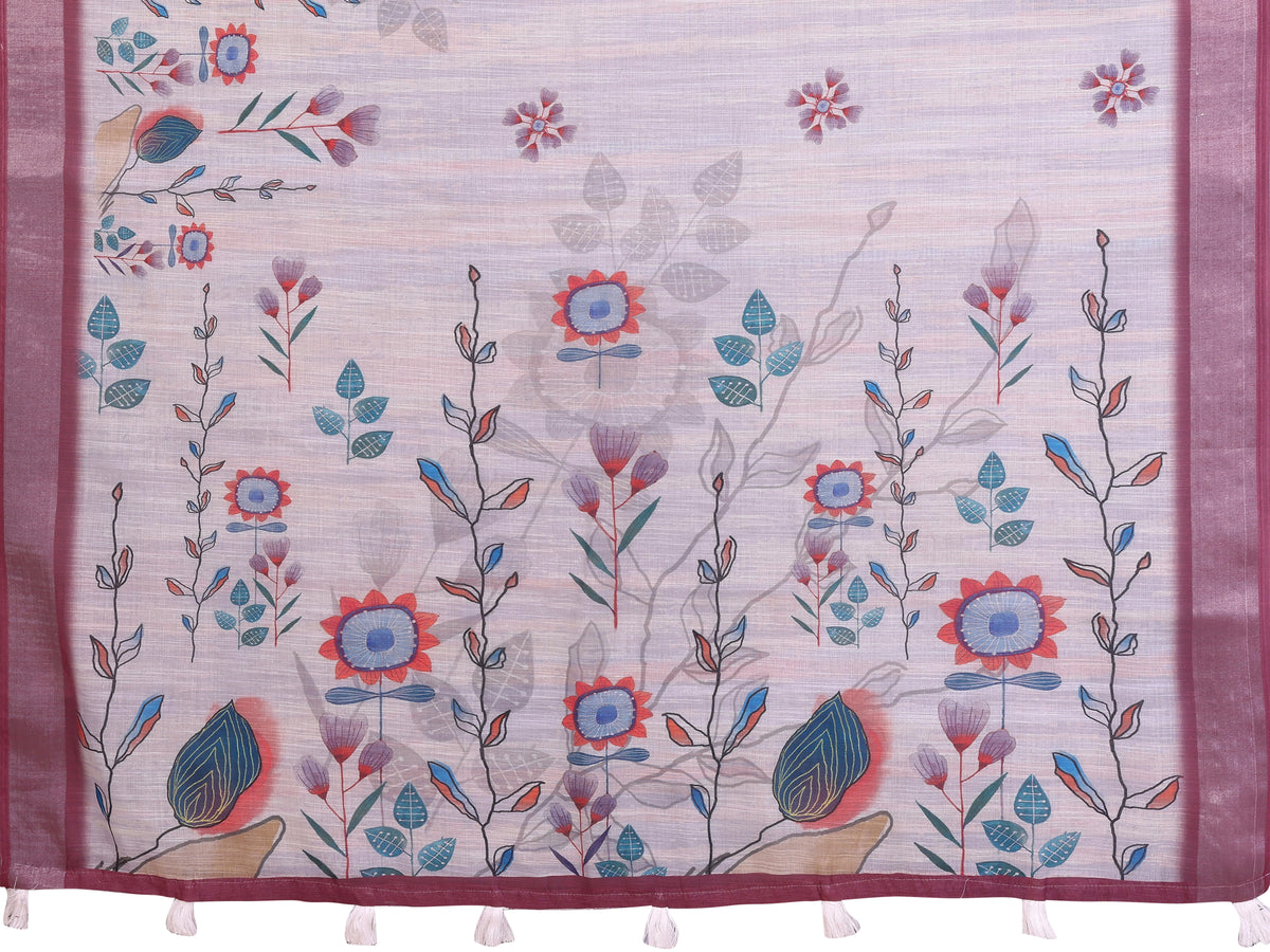 Lavender Linen Cotton Saree fabric detail – Kalamkari sunflower and botanical motifs with wine contrast border and white tassels