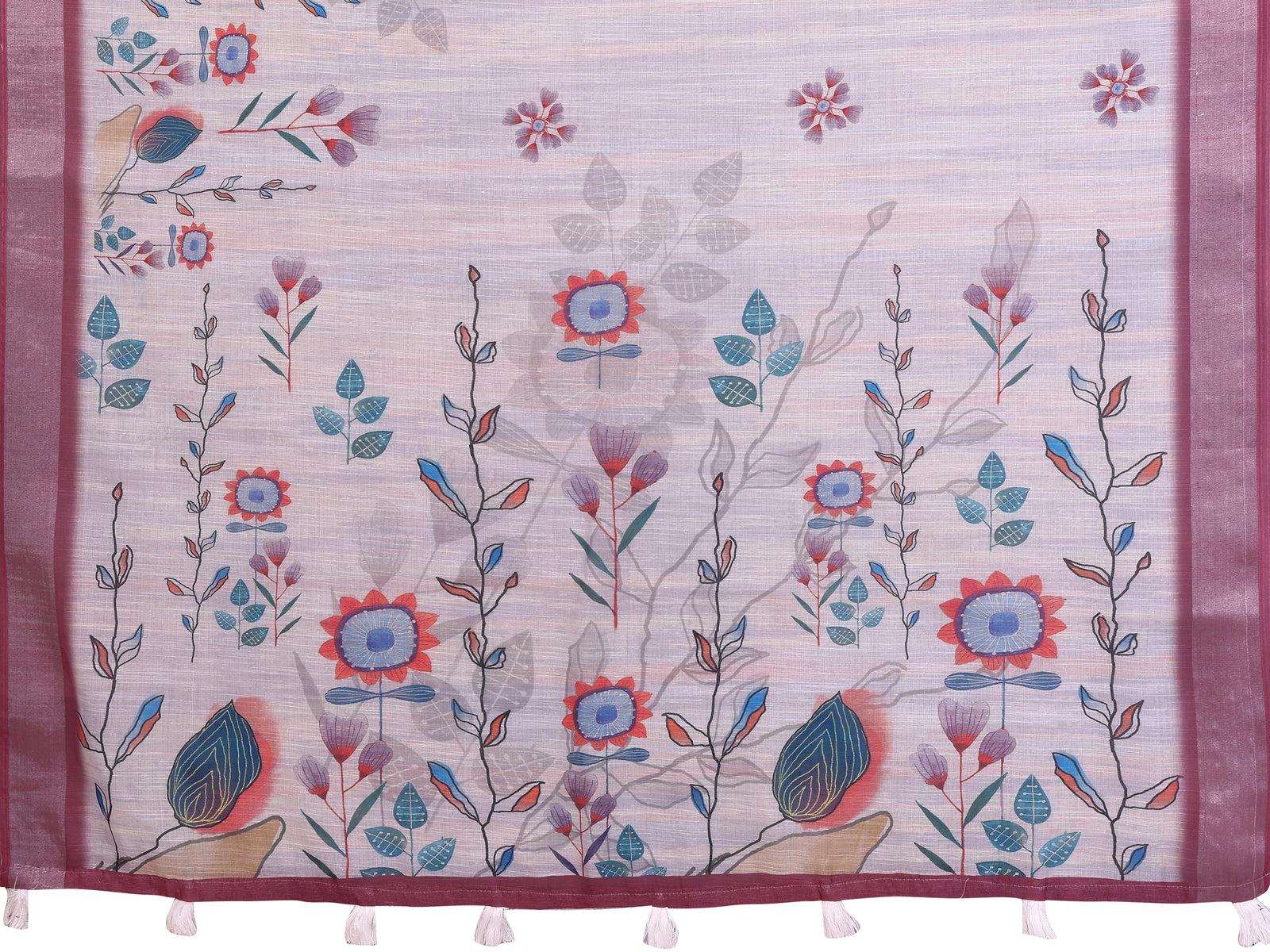 Lavender Linen Cotton Saree fabric detail – Kalamkari sunflower and botanical motifs with wine contrast border and white tassels