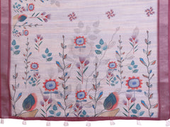 Lavender Linen Cotton Saree fabric detail – Kalamkari sunflower and botanical motifs with wine contrast border and white tassels