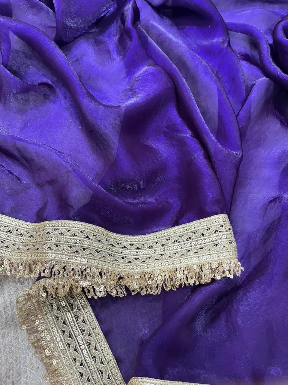 Purple Satin Silk Saree Fendi fabric back view – satin drape with gold lace border | KS333 Kalyanja