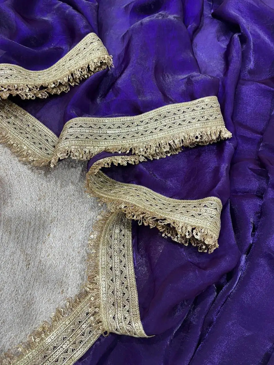 Purple Satin Silk Saree Fendi fabric flat lay – full 5.5m with blouse piece | KS333 Kalyanja