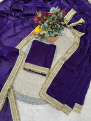Purple Satin Silk Saree Fendi fabric full view – deep purple satin with fancy gold lace border | KS333 Kalyanja