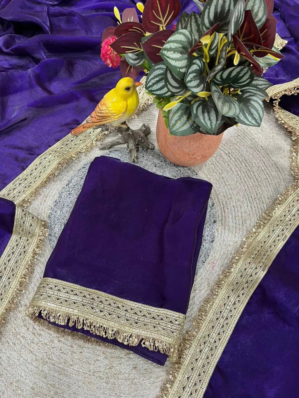 Purple Satin Silk Saree Fendi fabric model shot – bridal drape with gold lace border | KS333 Kalyanja