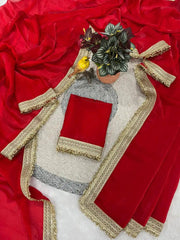 Red Satin Silk Saree complete set – full saree spread with blouse piece and gold lace fringe border, KS333