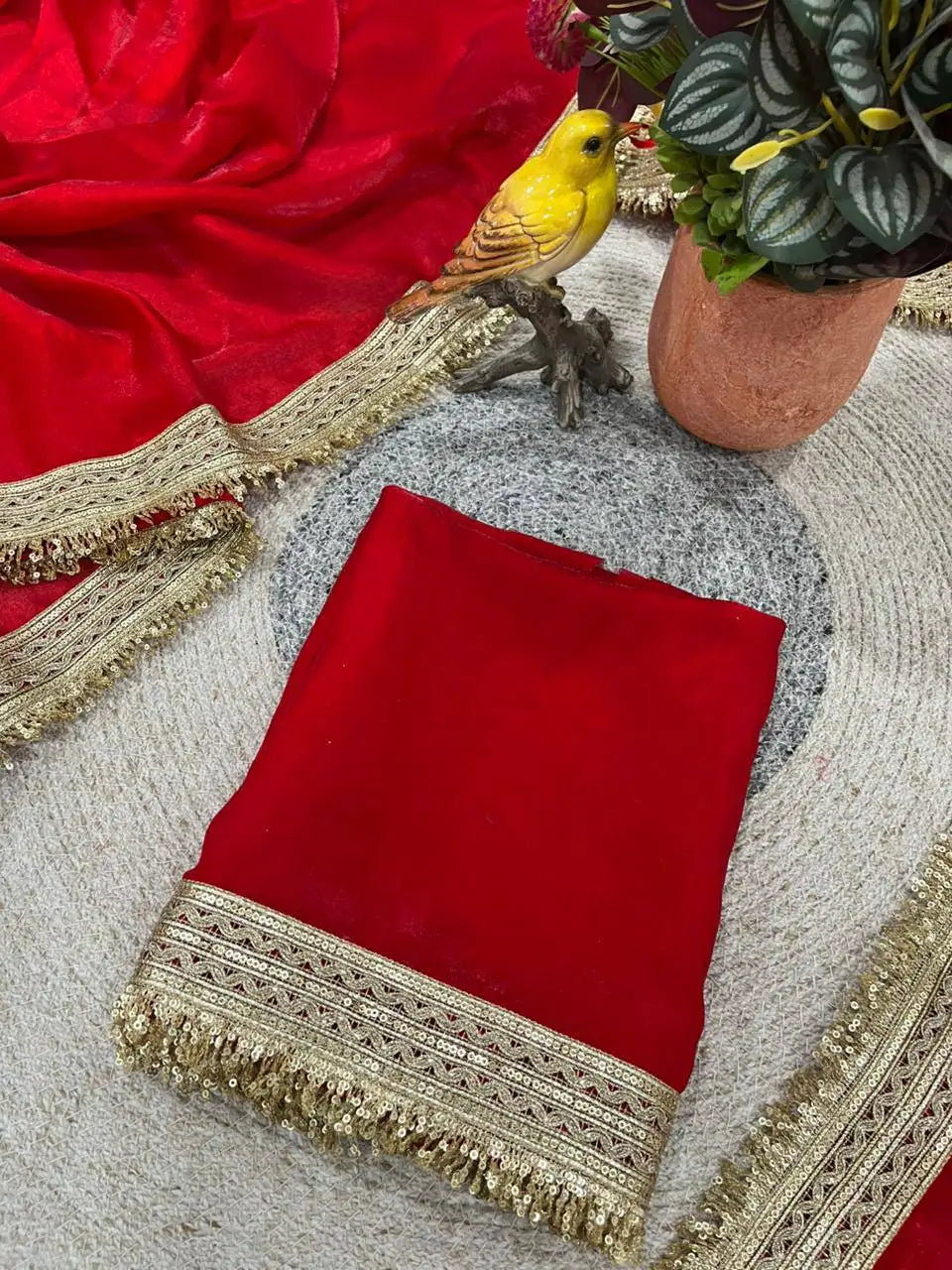 Red Fendy Satin Silk Saree – flat lay showing saree and blouse piece with fancy gold lace border