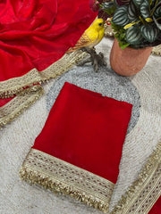 Red Fendy Satin Silk Saree – flat lay showing saree and blouse piece with fancy gold lace border