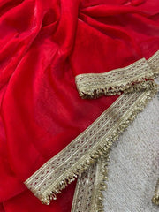 Red Satin Silk Saree border detail – multi-band gold lace with zari stripe, cutwork and sequin fringe trim