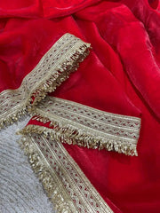 Red Fendy Satin Silk Saree – close-up of gold sequin fringe border showing layered zari and cutwork bands