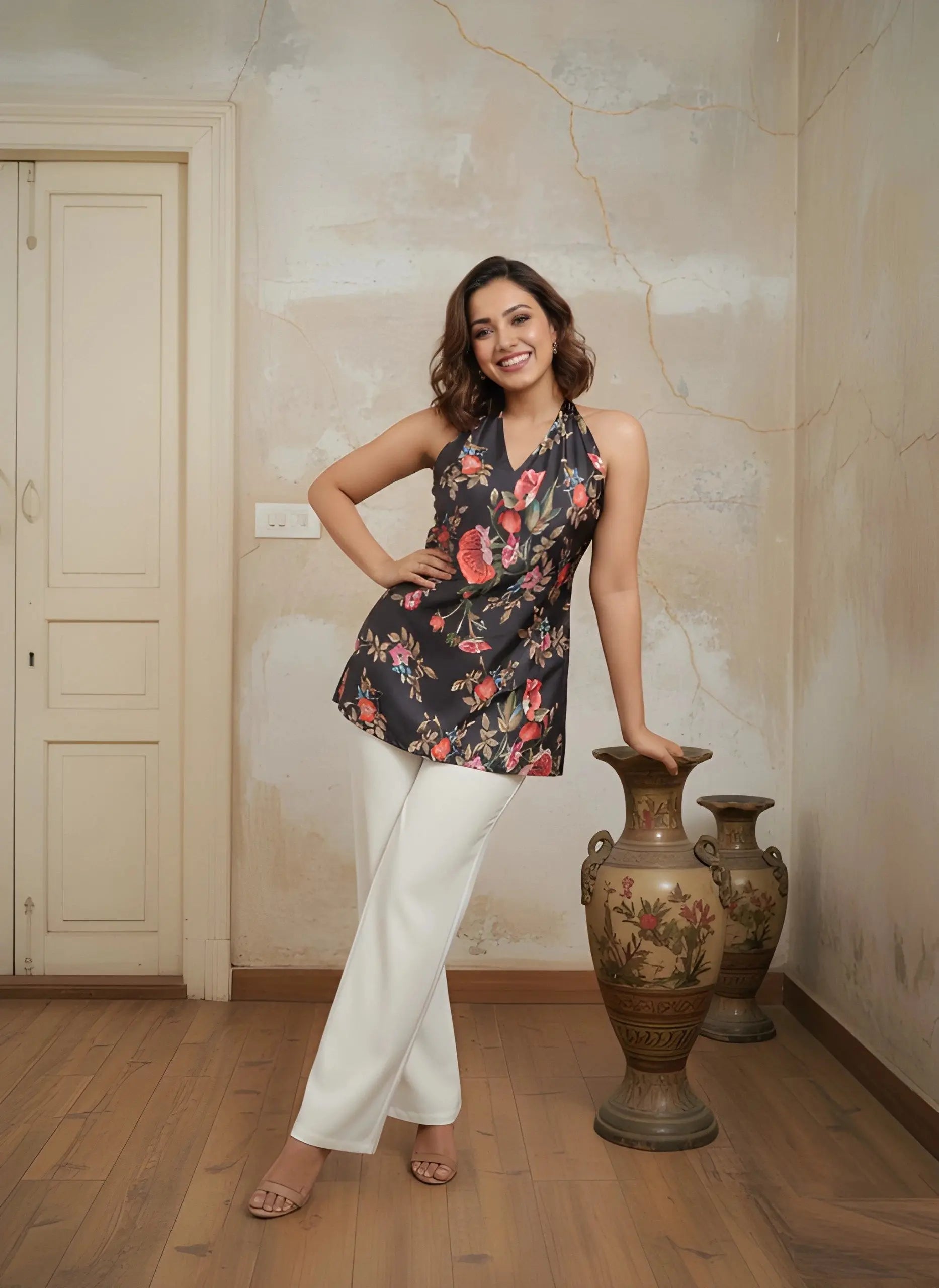 Black Digital Floral Print Short Kurti – Front View | Halter Neck Sleeveless | Kalyanja