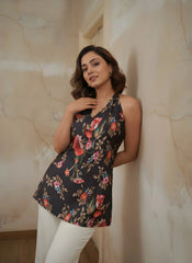 Black Digital Floral Print Short Kurti – Front Close-Up | V-Neck Halter Style | Kalyanja