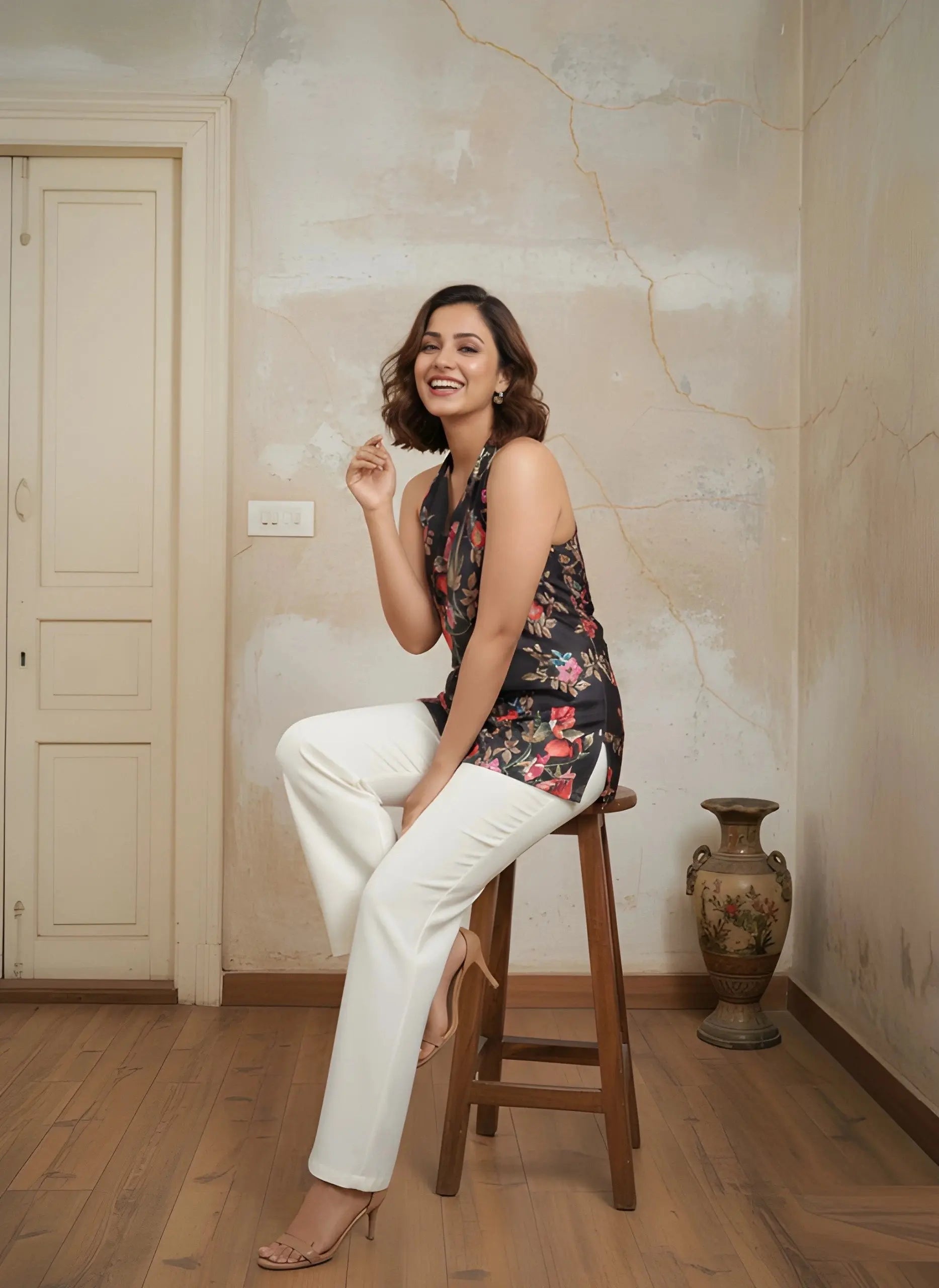 Black Floral Print Short Kurti – Seated Style View | Kalyanja
