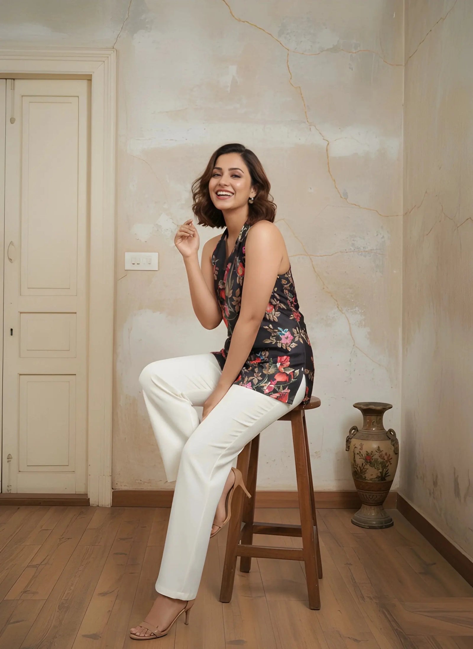 Black Floral Print Short Kurti – Seated Style View | Kalyanja