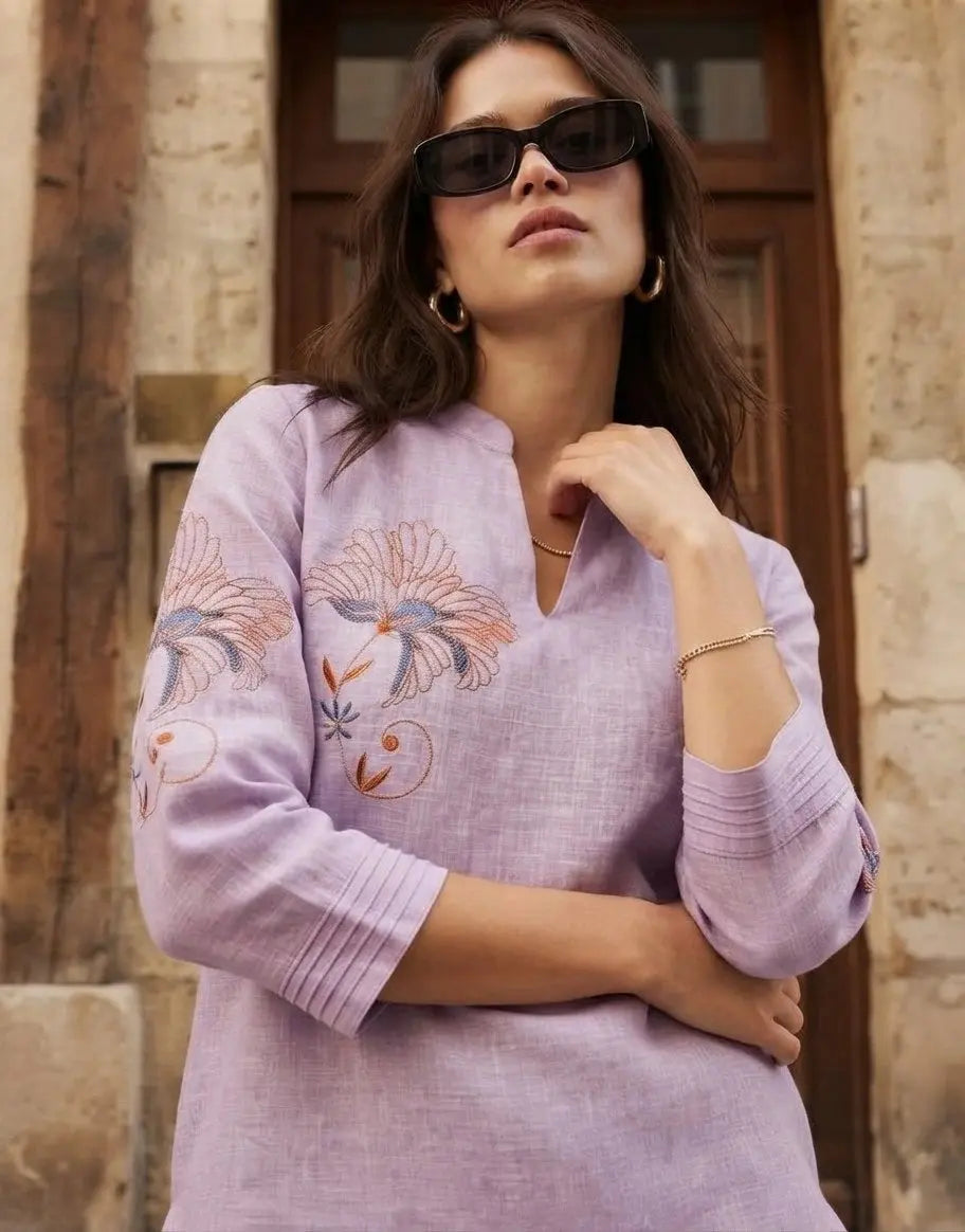 Lavender Embroidered Short Kurti – Chrysanthemum Floral Embroidery Close-Up | Kalyanja