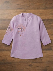 Lavender Embroidered Short Kurti – Flat Lay View | Linen Cotton | Kalyanja
