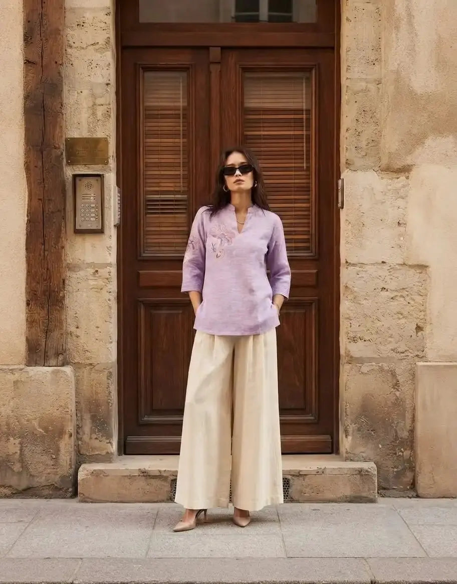 Lavender Embroidered Short Kurti – Full Length Front View | Linen Cotton 3/4 Sleeve | Kalyanja