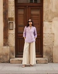 Lavender Embroidered Short Kurti – Full Length Front View | Linen Cotton 3/4 Sleeve | Kalyanja