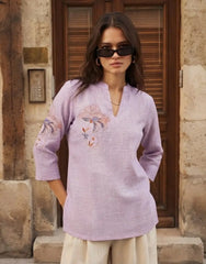 Lavender Embroidered Short Kurti – Front View Hands in Pockets | Kalyanja