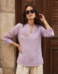 Lavender Embroidered Short Kurti – Front Close-Up | Collar V-Neck 3/4 Sleeve | Kalyanja