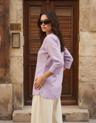 Lavender Linen Cotton Short Kurti – Side View | Pintuck Cuff Detail | Kalyanja