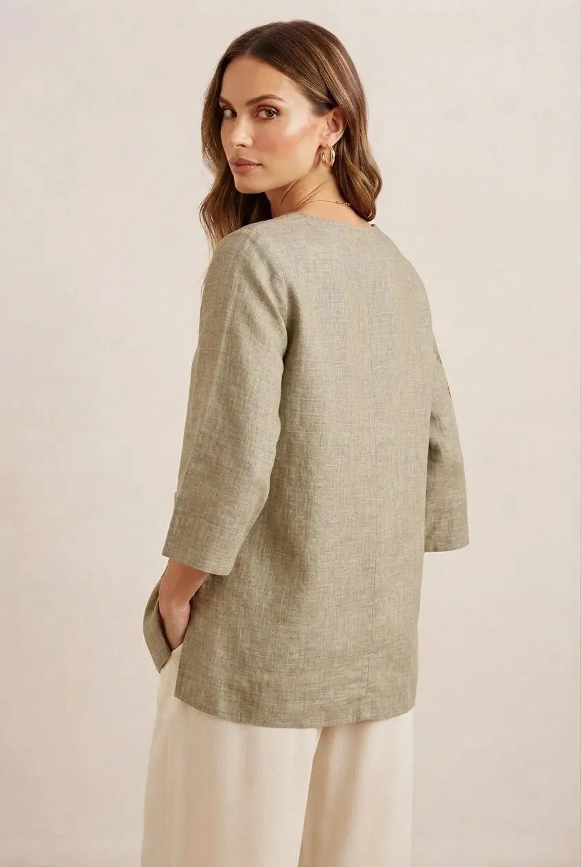 Olive Green Embroidered Short Kurti – Back View | Covered Back | Kalyanja