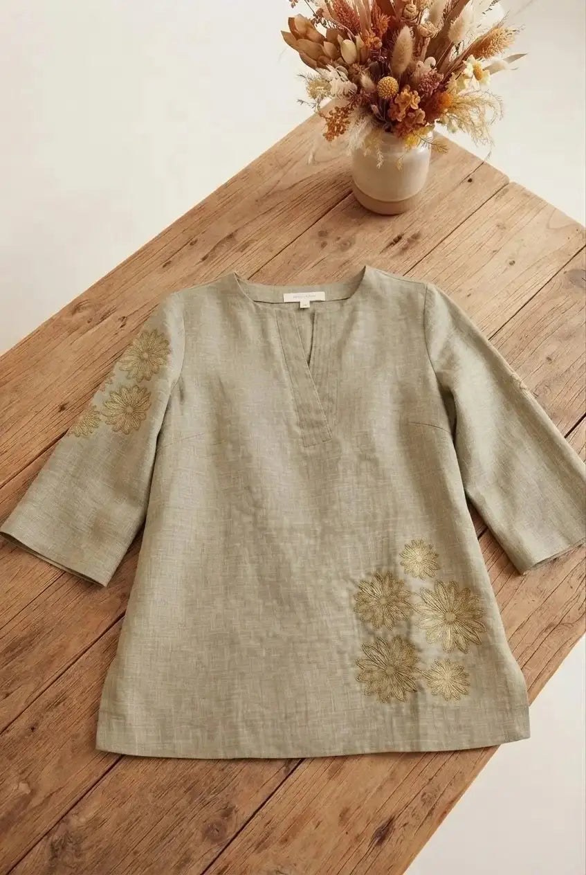 Olive Green Embroidered Short Kurti – Flat Lay View | Linen Cotton | Kalyanja
