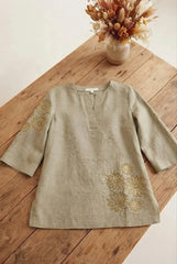 Olive Green Embroidered Short Kurti – Flat Lay View | Linen Cotton | Kalyanja