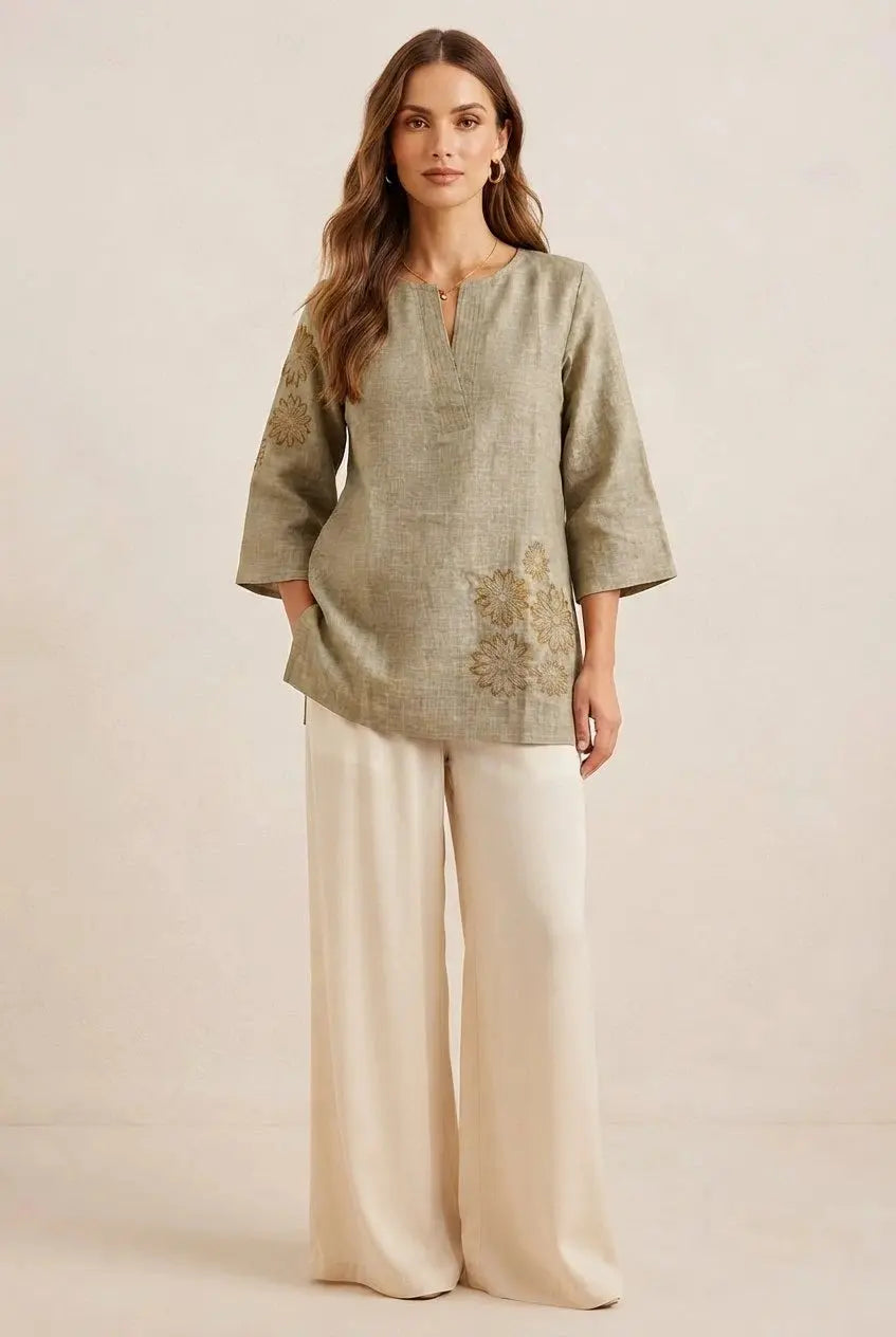 Olive Green Embroidered Short Kurti – Full Length Front View | Linen Cotton 3/4 Sleeve | Kalyanja