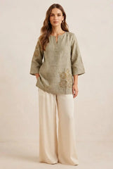 Olive Green Embroidered Short Kurti – Full Length Front View | Linen Cotton 3/4 Sleeve | Kalyanja